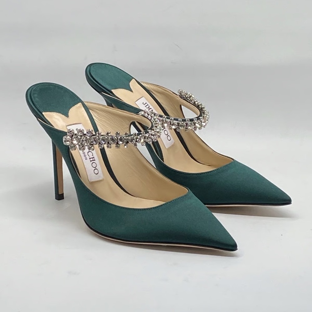 Jimmy Choo Dark Green Satin Heels with Crystal Straps